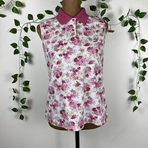Crocodile Ladies white & pink floral polo tank tennis top pink collar sleeveless